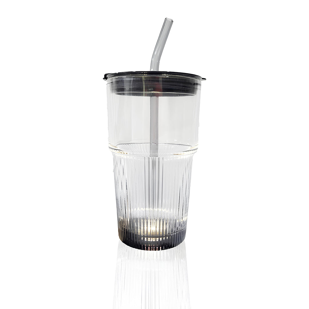 GLASS TUMBLER WITH STRAW BLACK